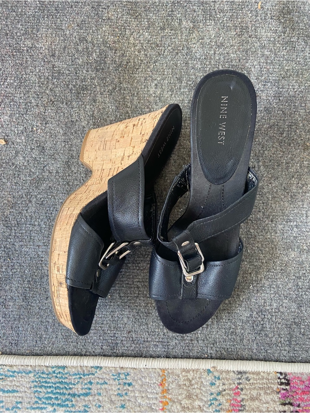Nine West Black Cork-Wedge Sandals